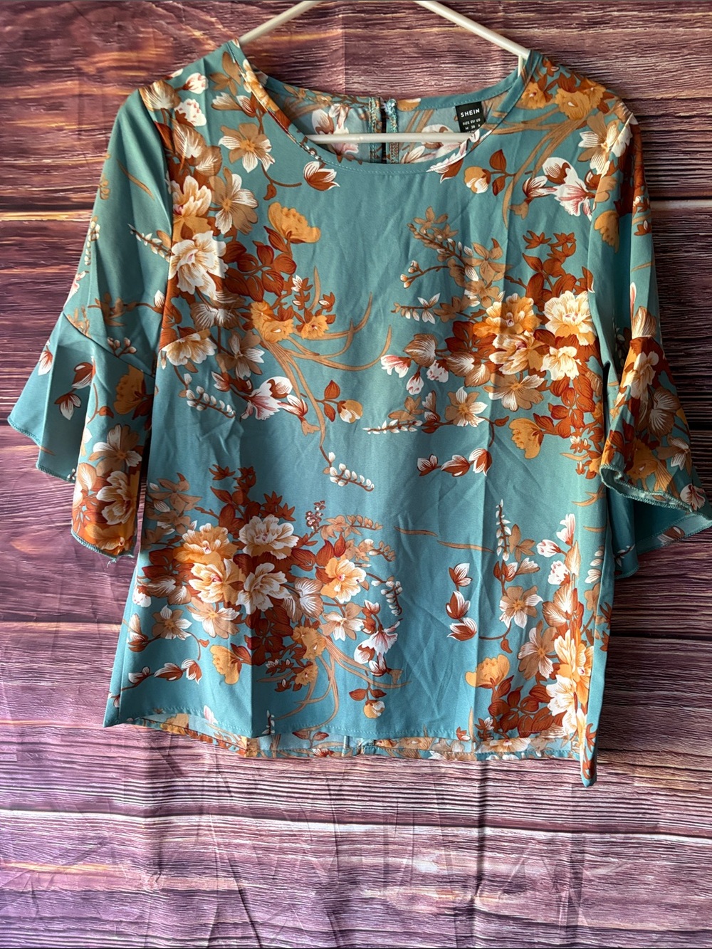 SHEIN Teal Floral Bell-Sleeve Blouse with Mustard and Cream Flowers
